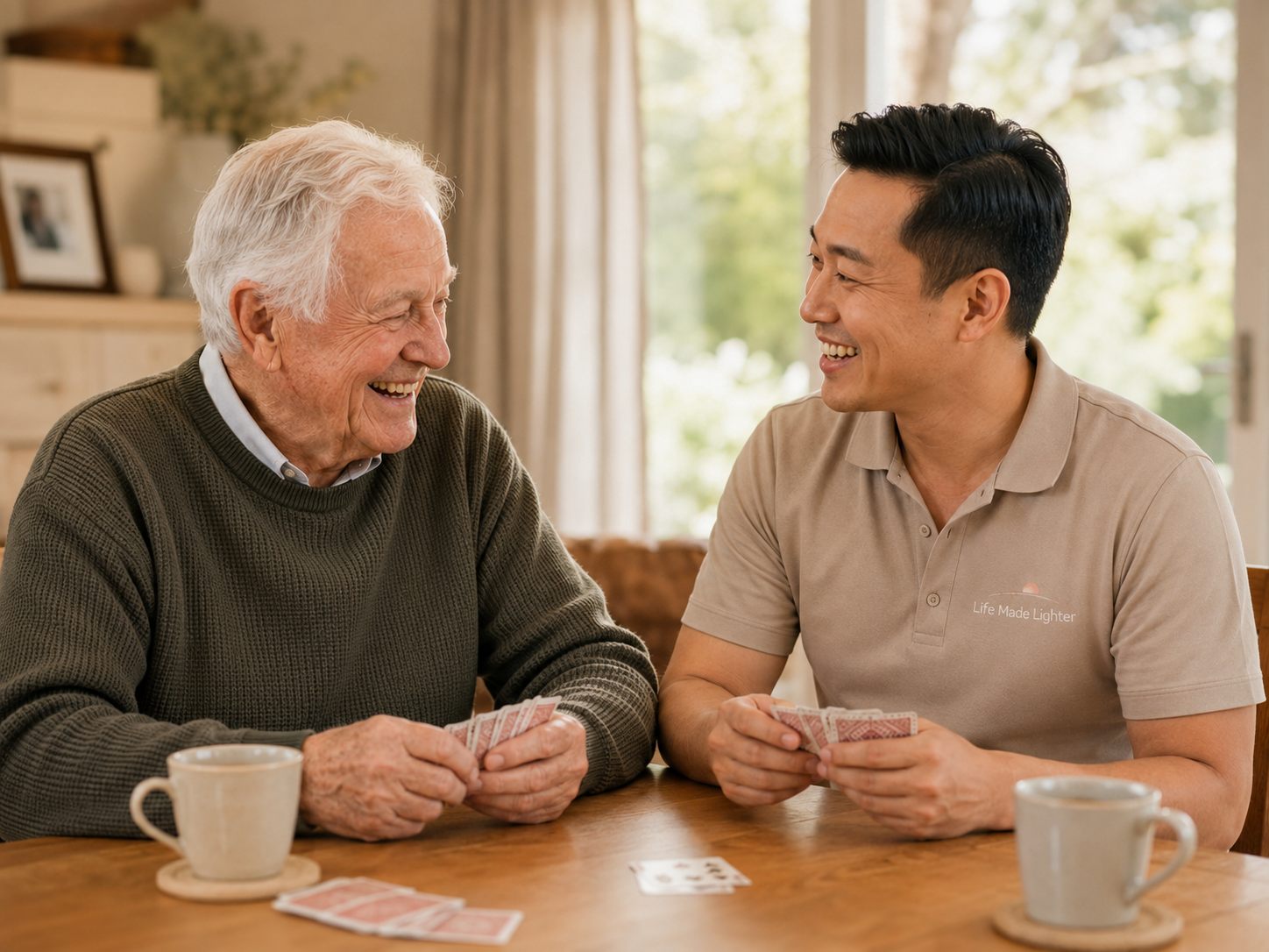 A support worker and client playing cards together at home