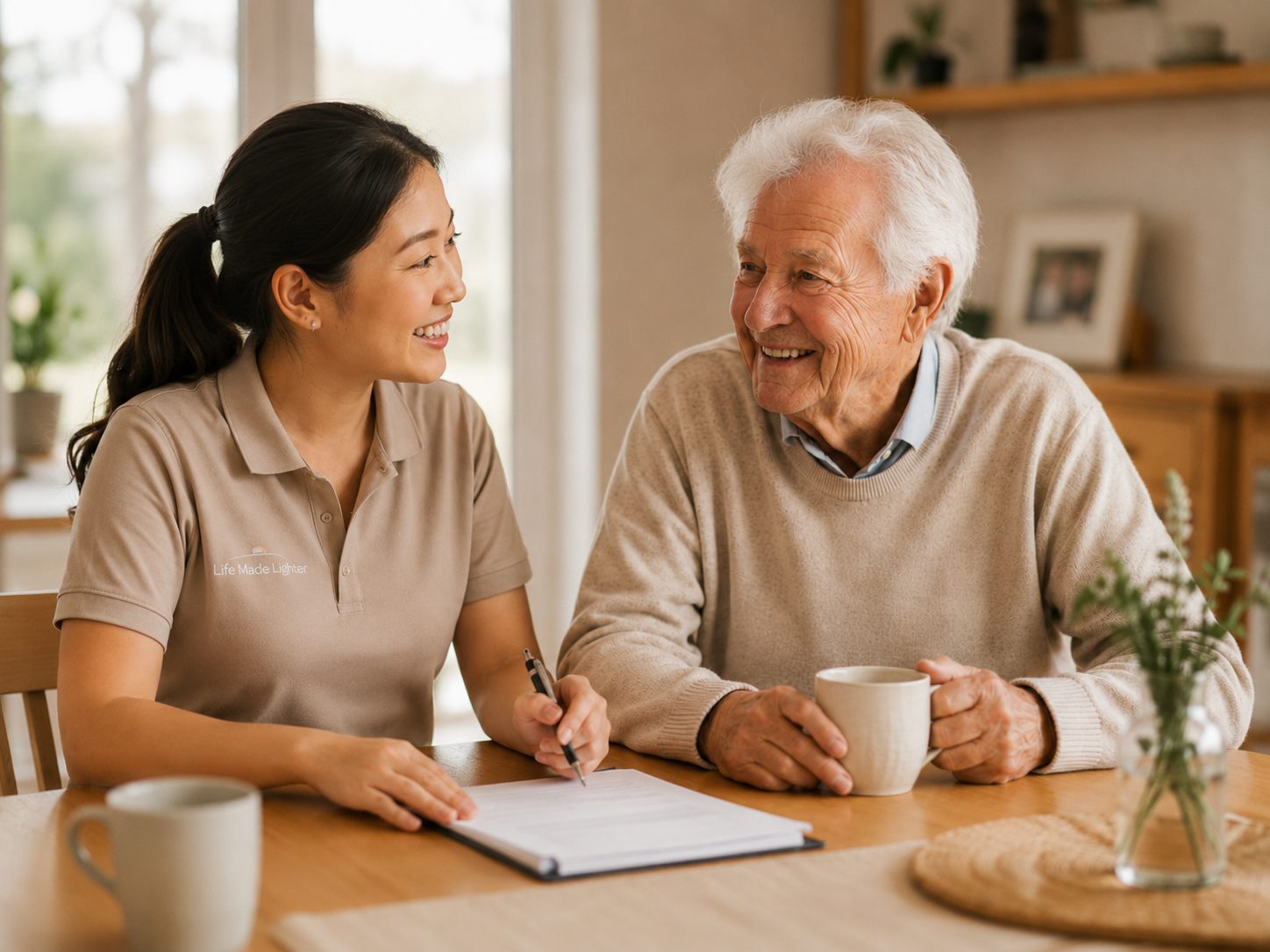 A coordinator working through a support plan with a couple over a cuppa