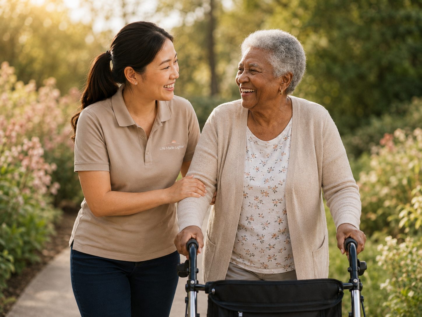 A support worker and client gardening together