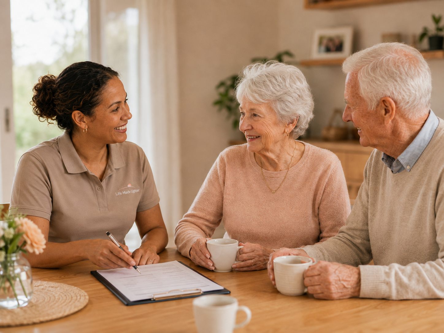 A coordinator chatting warmly with a client and family