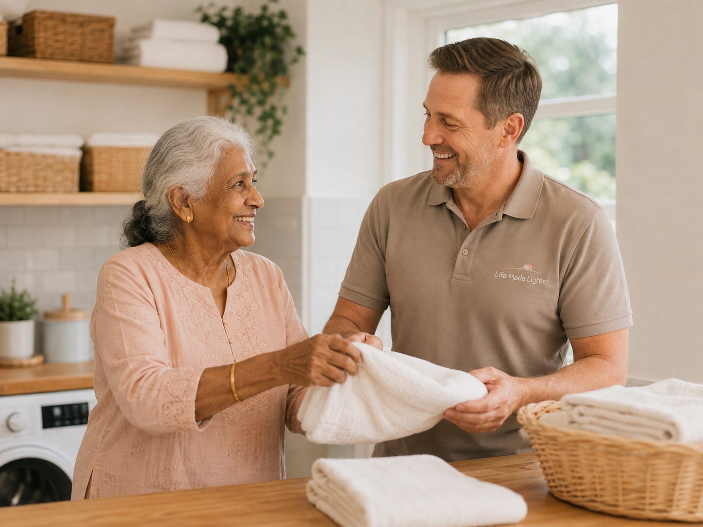 A support worker and client folding fresh laundry together