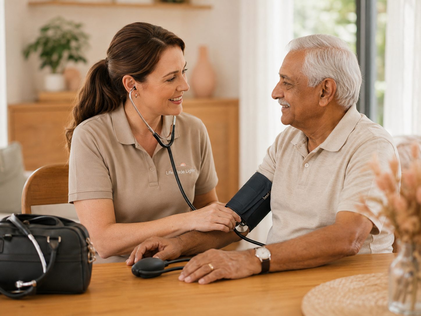 A nurse checking a client's blood pressure at home