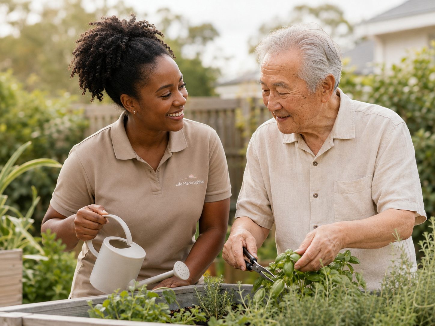 A support worker and client sharing a laugh on a garden walk