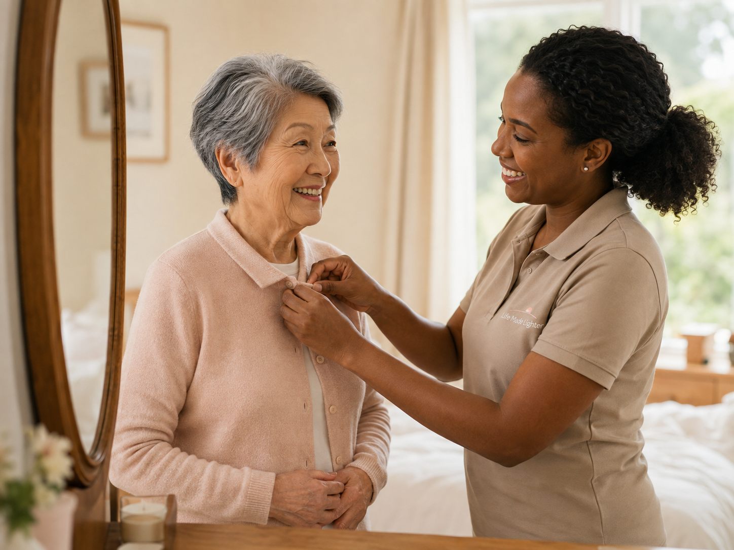 A support worker helping a client get ready for the day