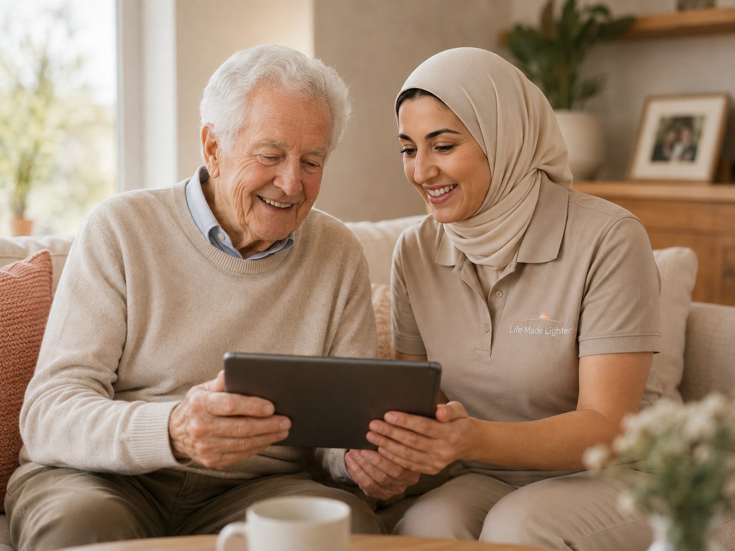 A support worker and client looking at a tablet together