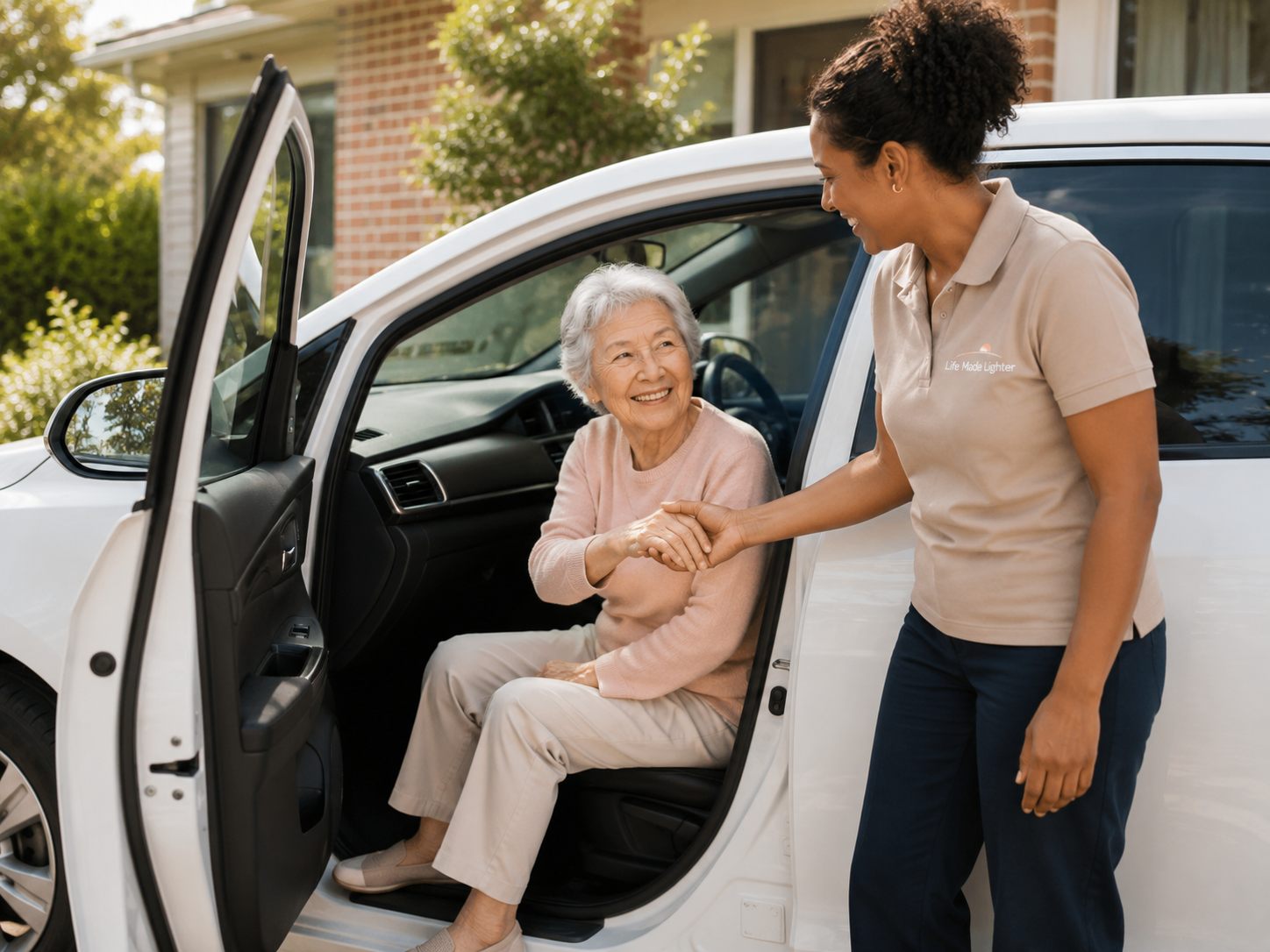A support worker helping a client out of the car